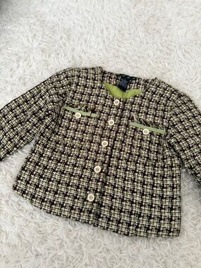 Hype Tweed Cropped Jacket Girls Size 7 Green Brown Button Front
